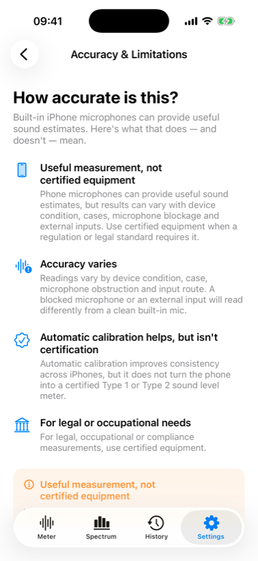 Accuracy and limitations screen explaining what the app can and cannot claim.