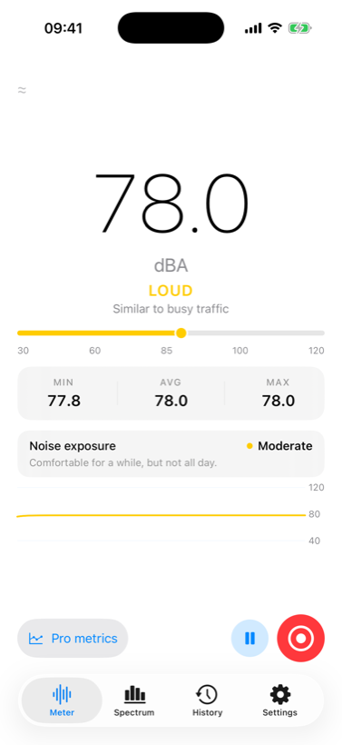 The Meter screen showing 78.0 dBA, labelled LOUD, with minimum, average and maximum below it.