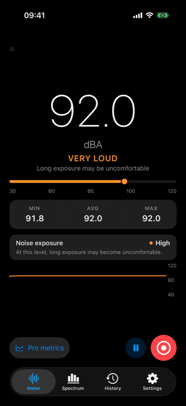 The Meter screen in dark appearance showing a 92 dBA reading.