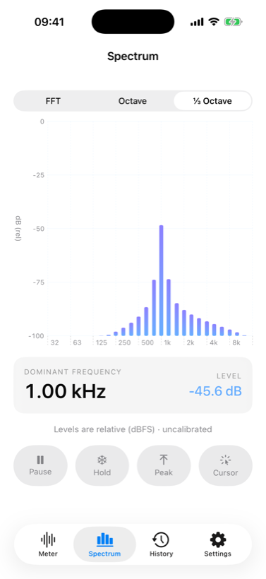 Spectrum screen showing one-third-octave band levels across the audible range.